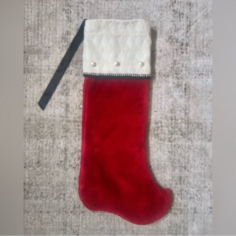 WOOF AND POOF Vintage 2004 Red Velvet and Ivory Christmas Stocking